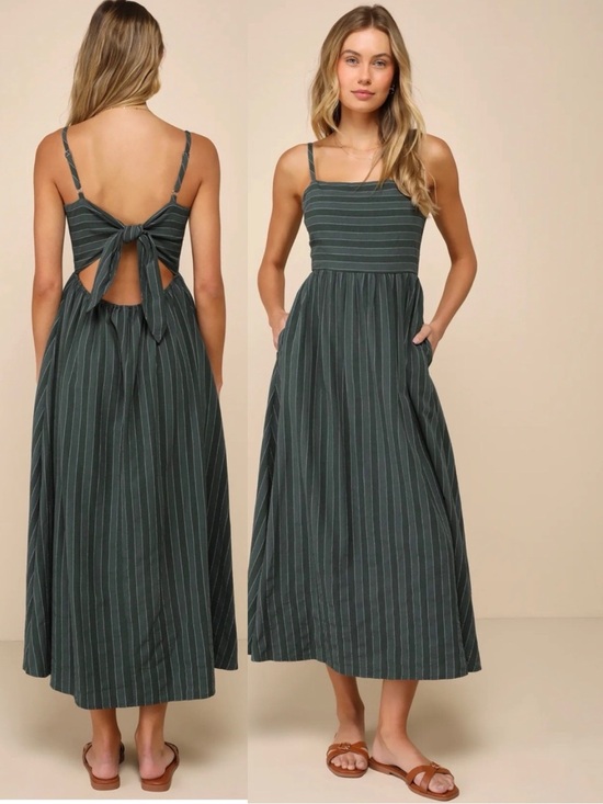 Lulus Dresses & Skirts - NWT Lulu’s Feeling the Best Green Striped Tie-Back Midi Dress with Pockets Large